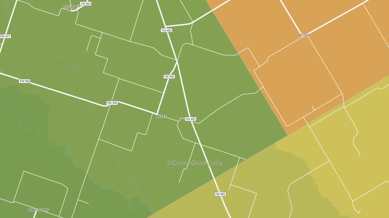 Meeks, TX Map of Burglary Rates