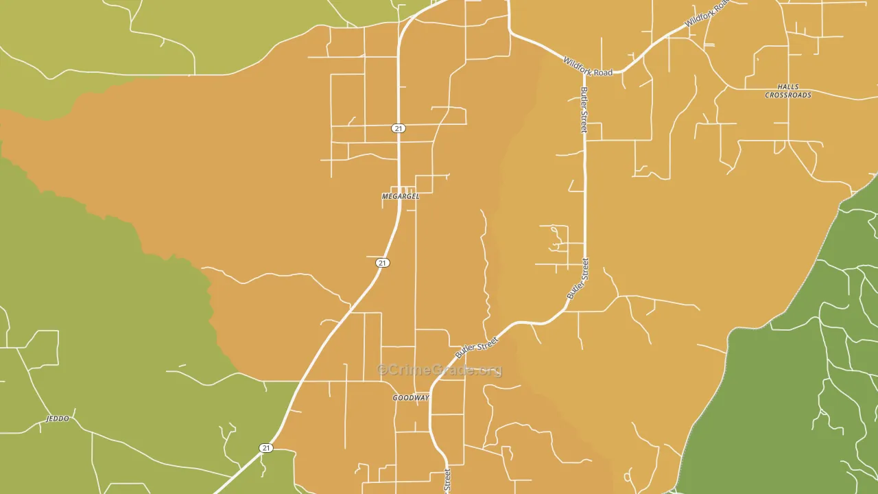 Megargel, AL Map of Burglary Rates