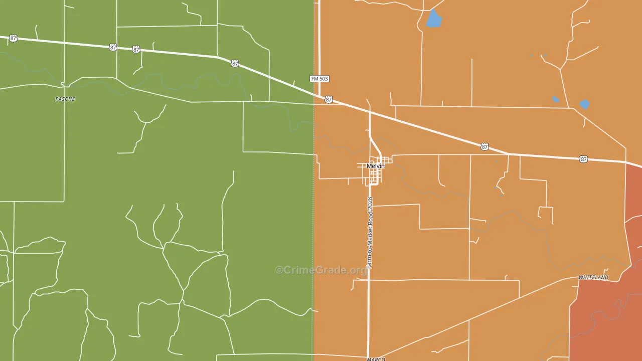 Melvin, TX Map of Burglary Rates