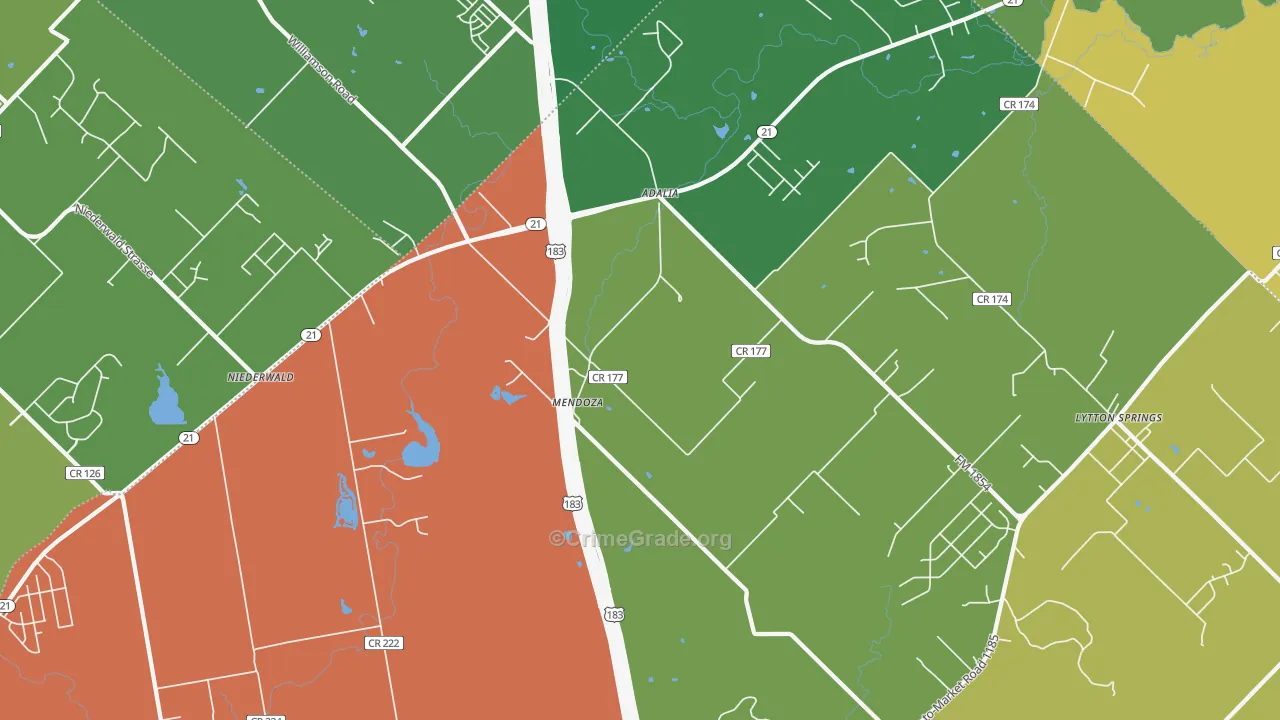 Mendoza, TX Map of Burglary Rates