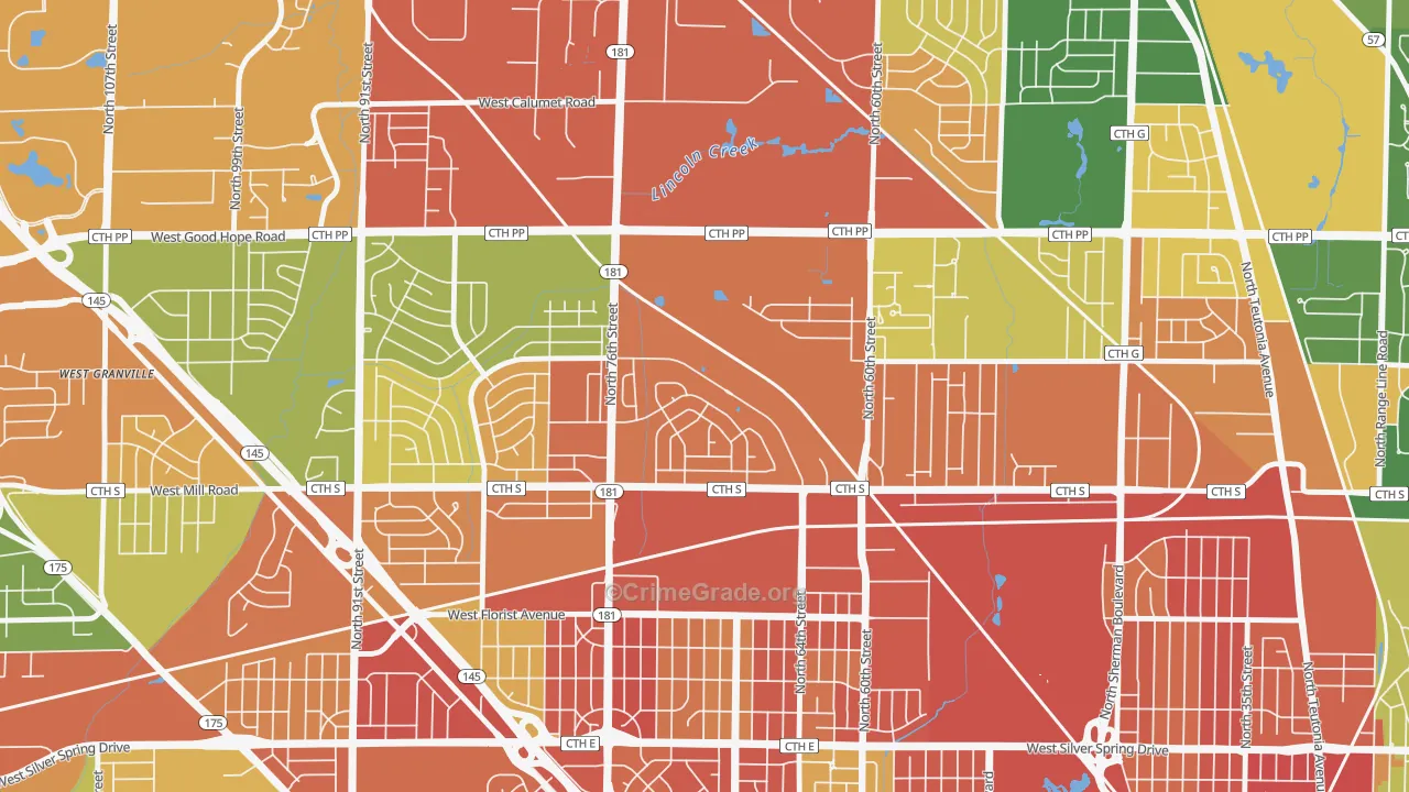 Menomonee River Hills East, Milwaukee, WI Map of Burglary Rates