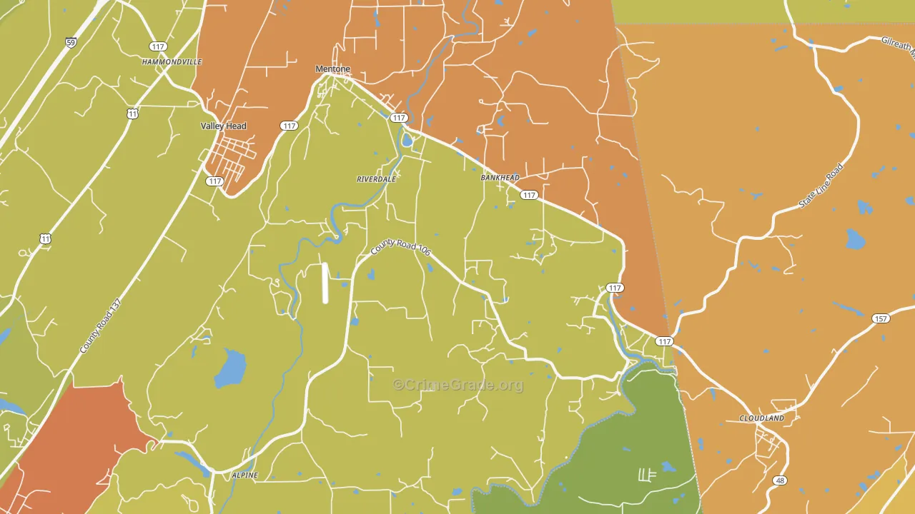 Mentone, AL Map of Burglary Rates