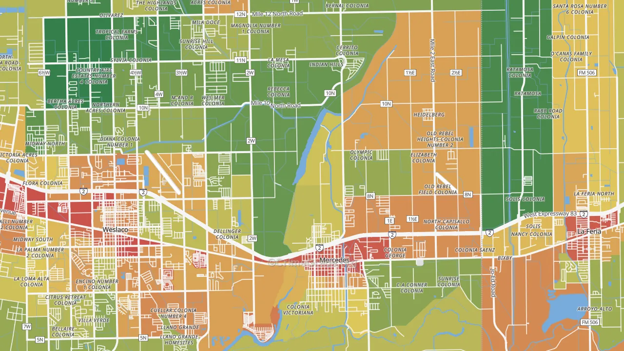 Mercedes, TX Map of Burglary Rates