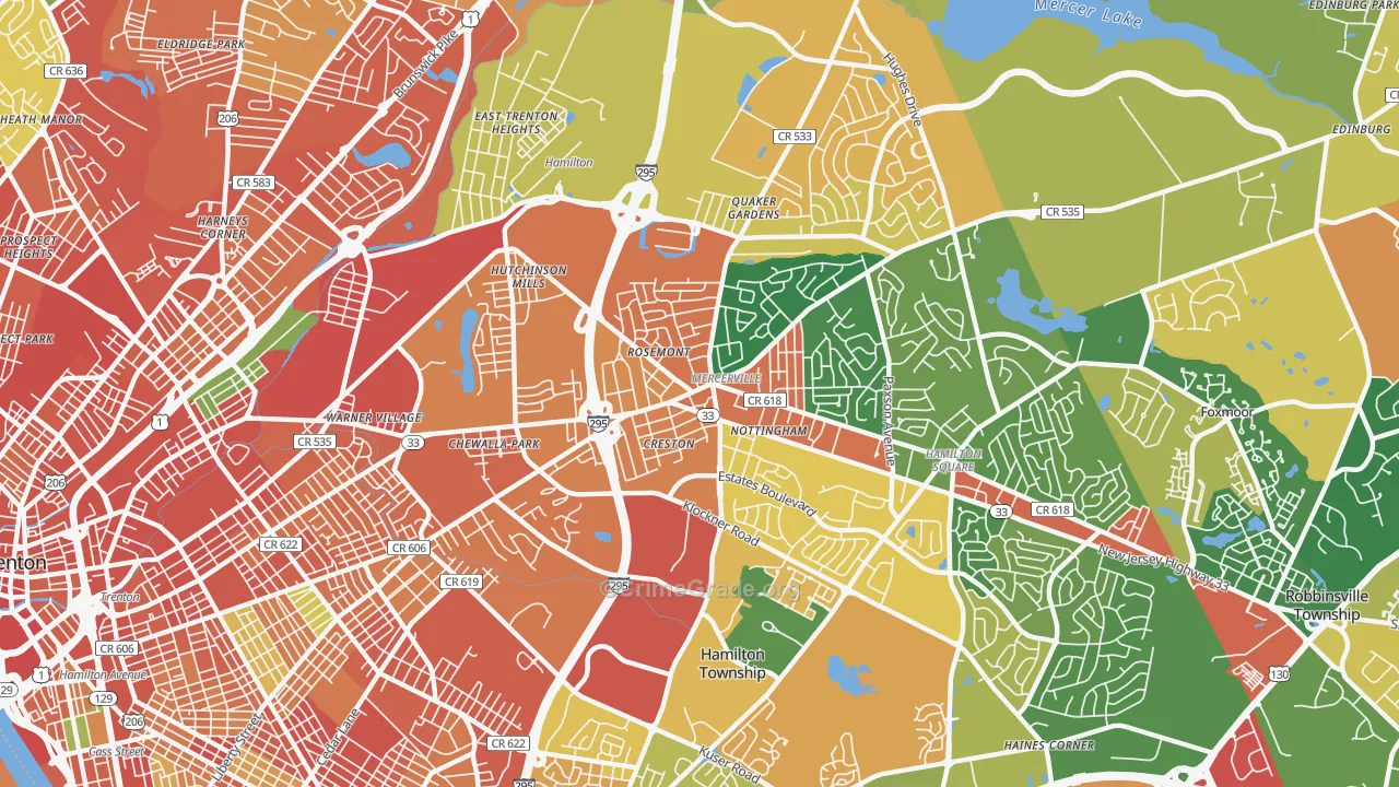 Mercerville, NJ Map of Burglary Rates