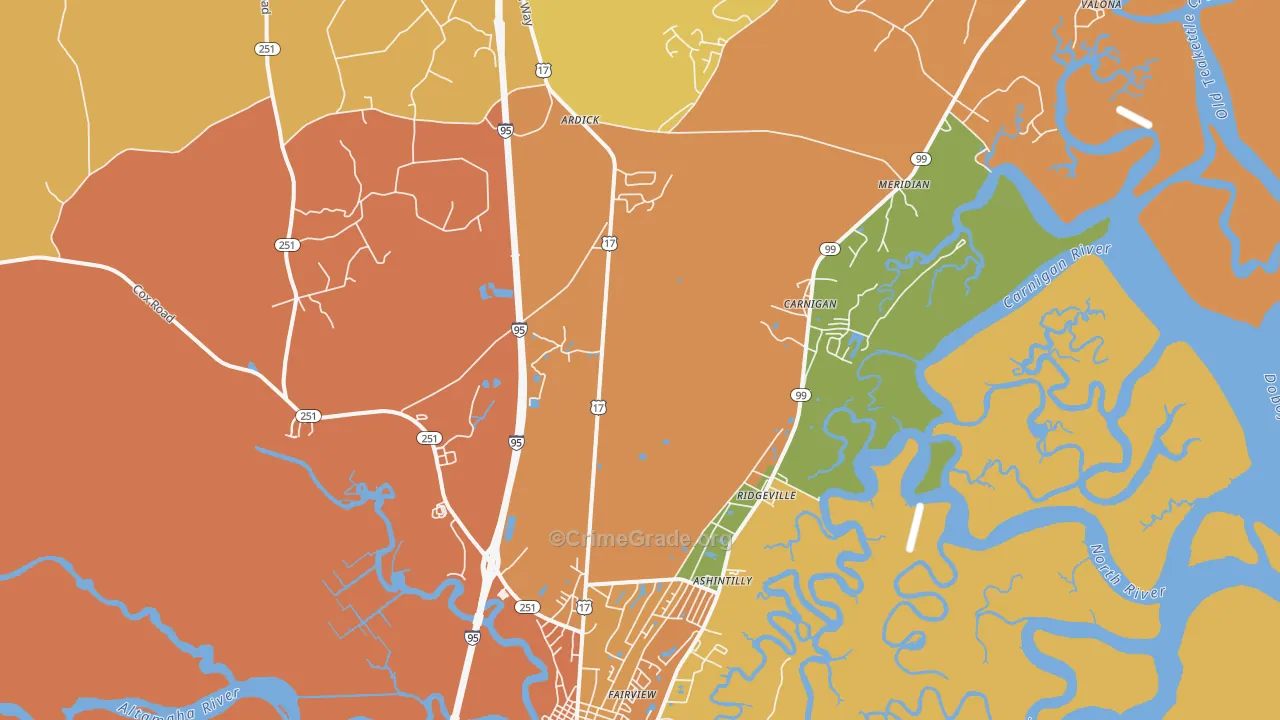 Meridian, GA Map of Burglary Rates