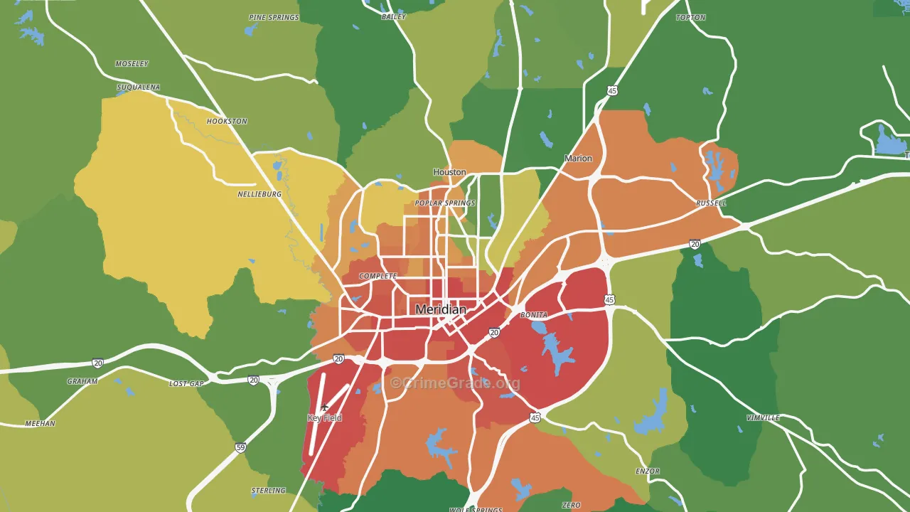 Meridian, MS Map of Burglary Rates