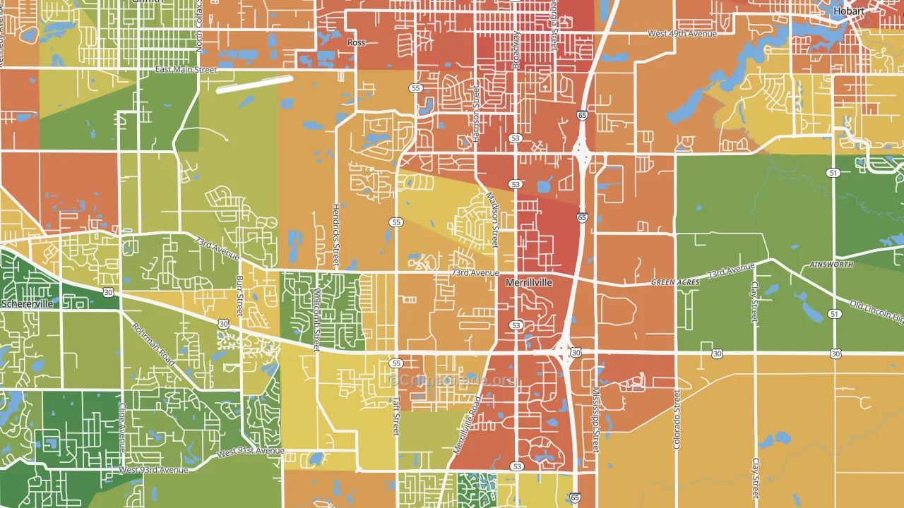 Merrillville, IN Map of Burglary Rates
