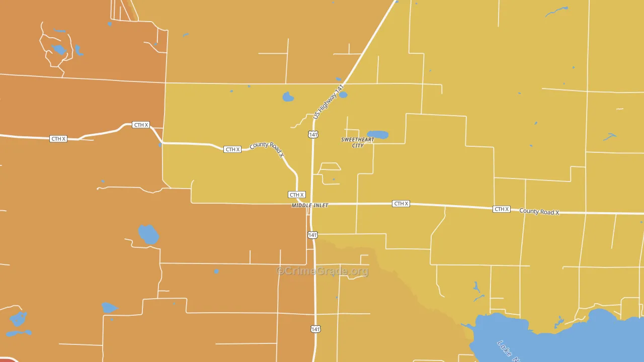 Middle Inlet, WI Map of Burglary Rates