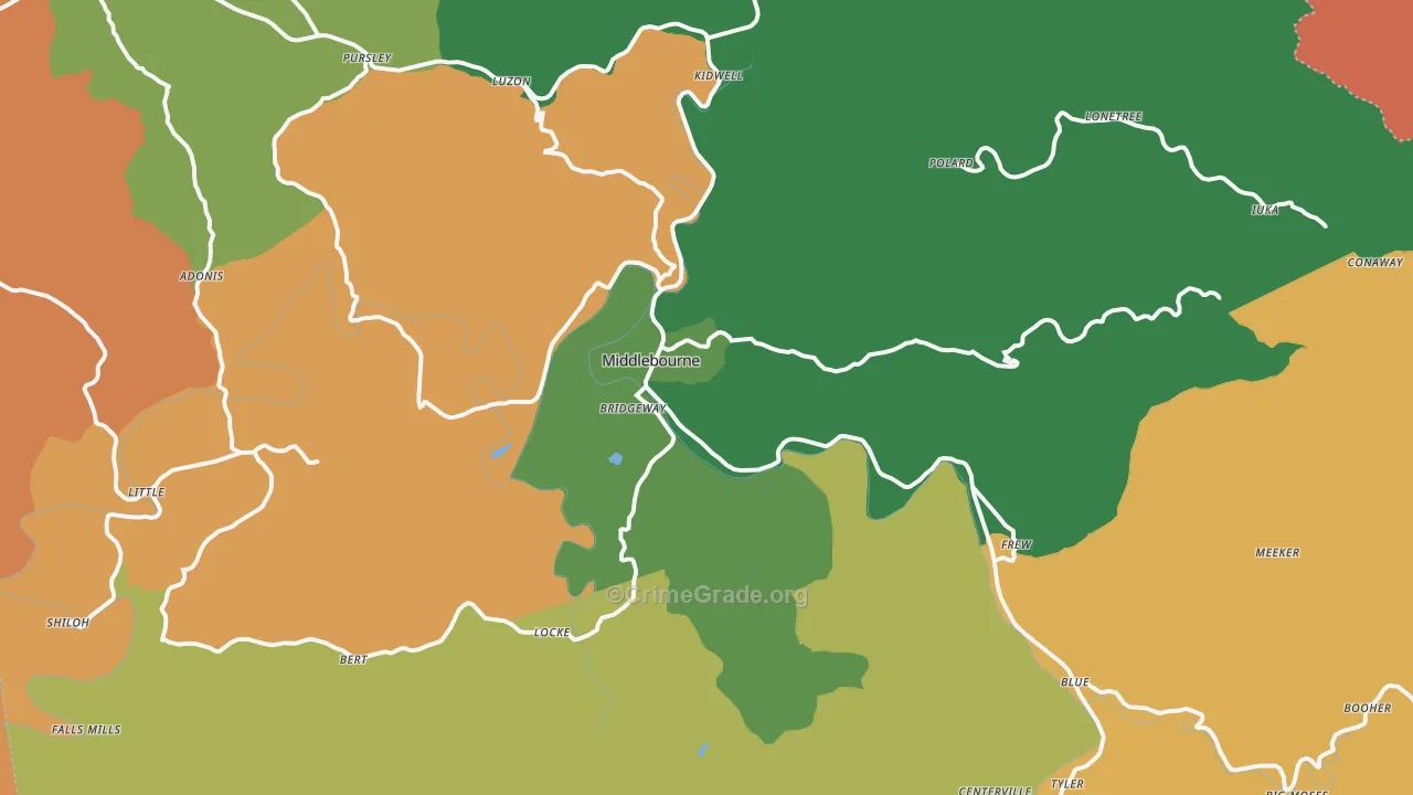 Middlebourne, WV Map of Burglary Rates