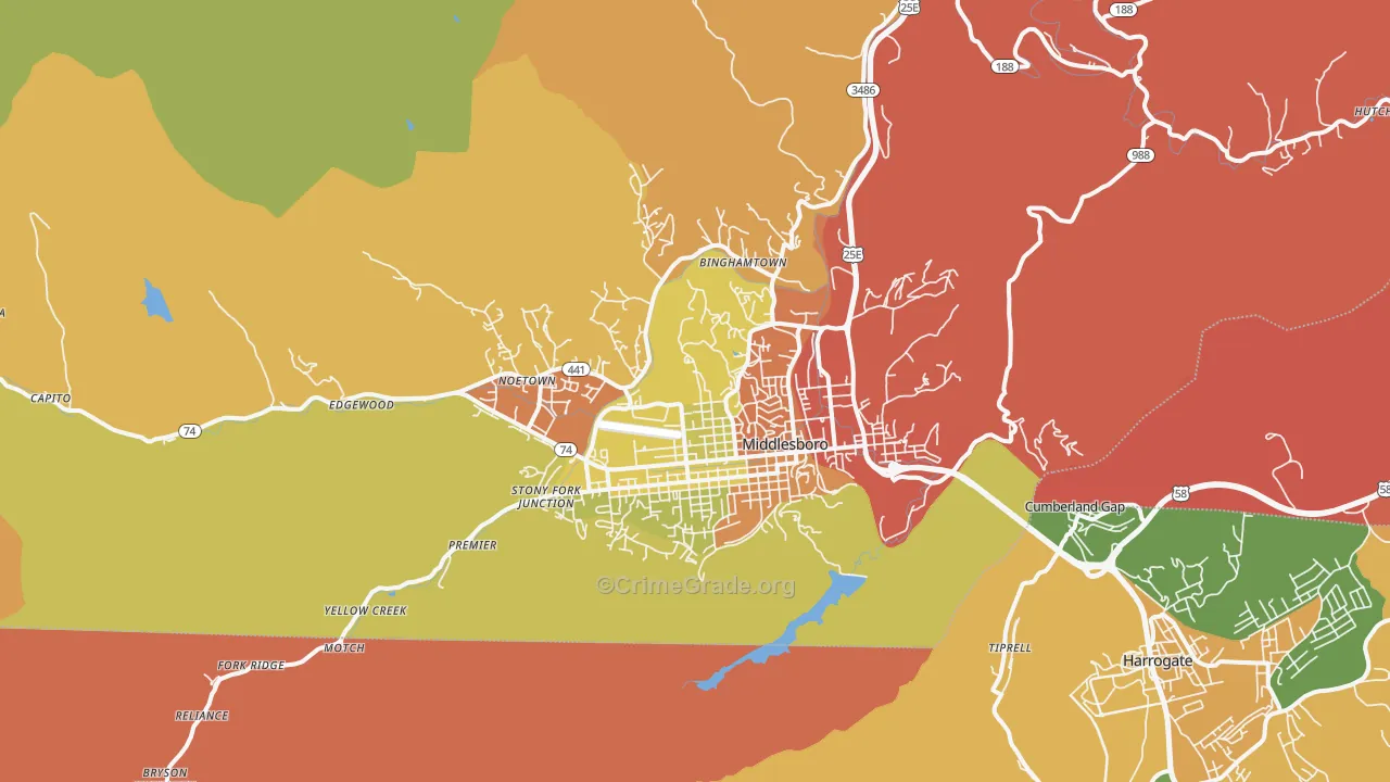 Middlesboro, KY Map of Burglary Rates