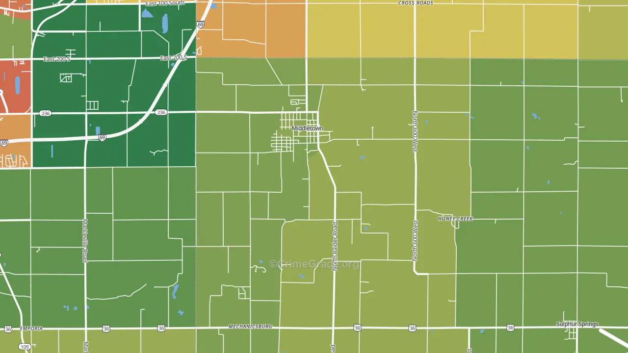 Middletown, IN Map of Burglary Rates