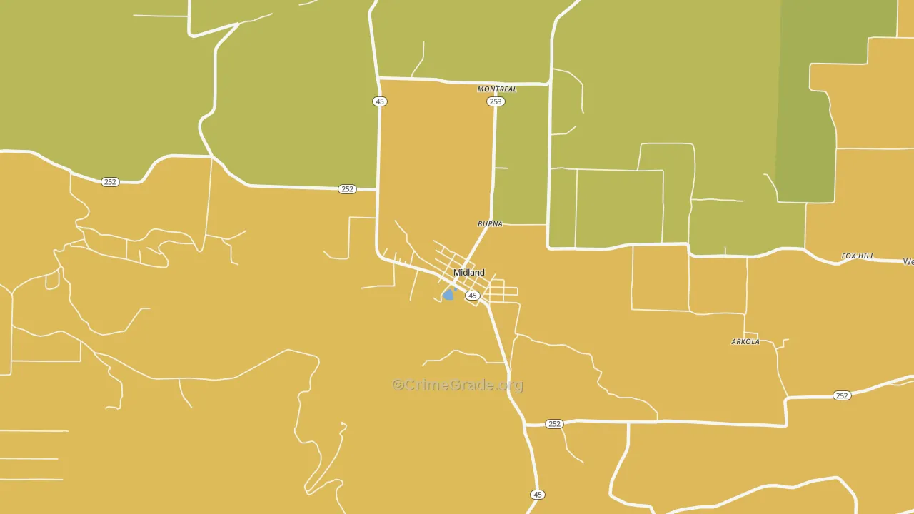 Midland, AR Map of Burglary Rates