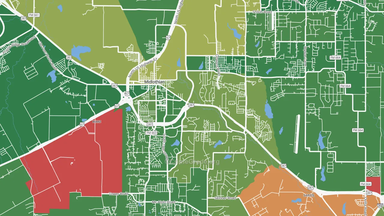 Midlothian, TX Map of Burglary Rates