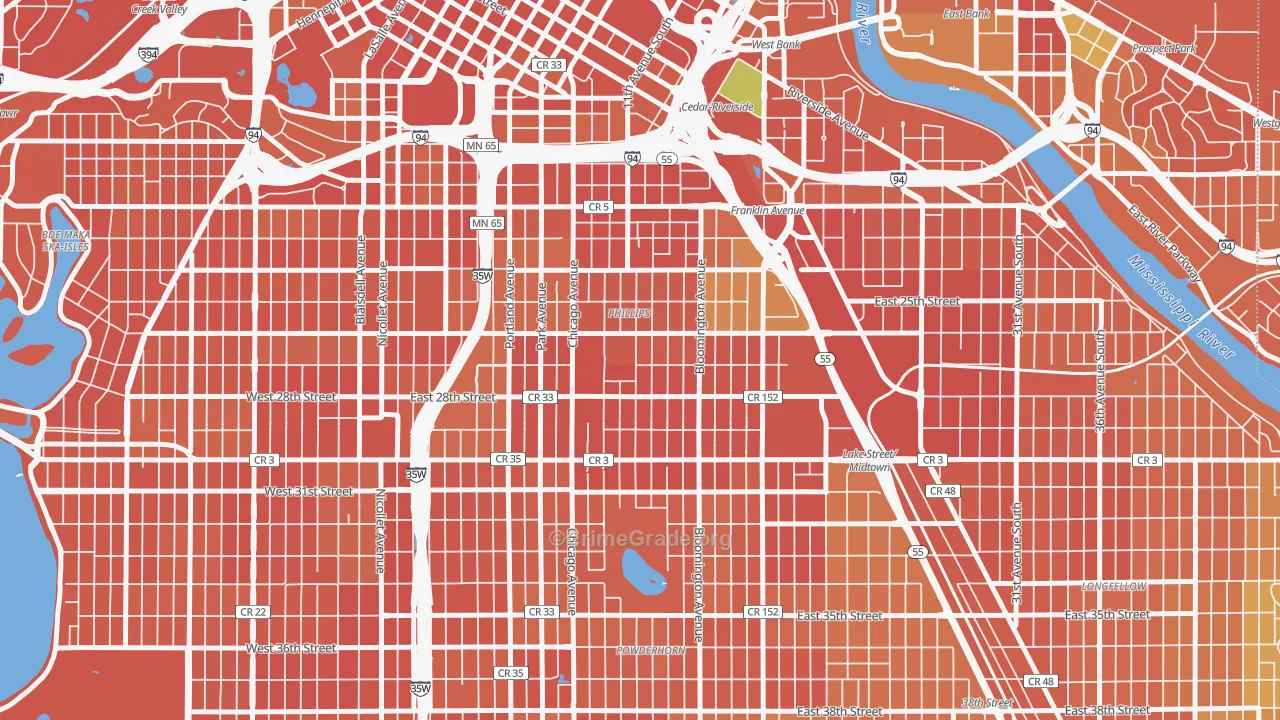 Midtown Phillips, Minneapolis, MN Map of Burglary Rates
