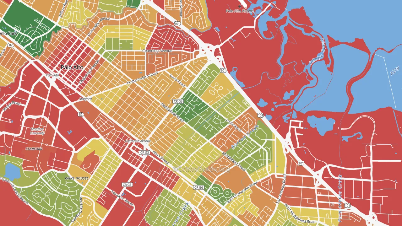 Midtown-San Jose, Palo Alto, CA Map of Burglary Rates