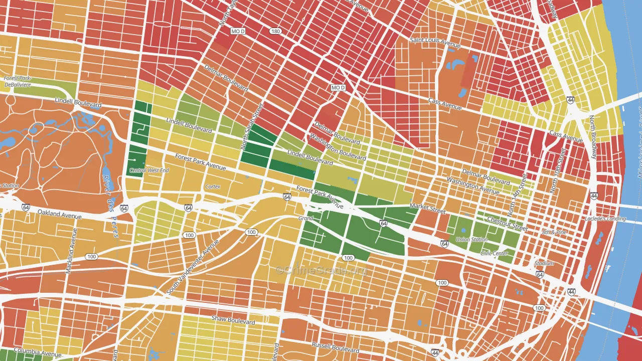 Midtown St. Louis, St. Louis, MO Map of Burglary Rates