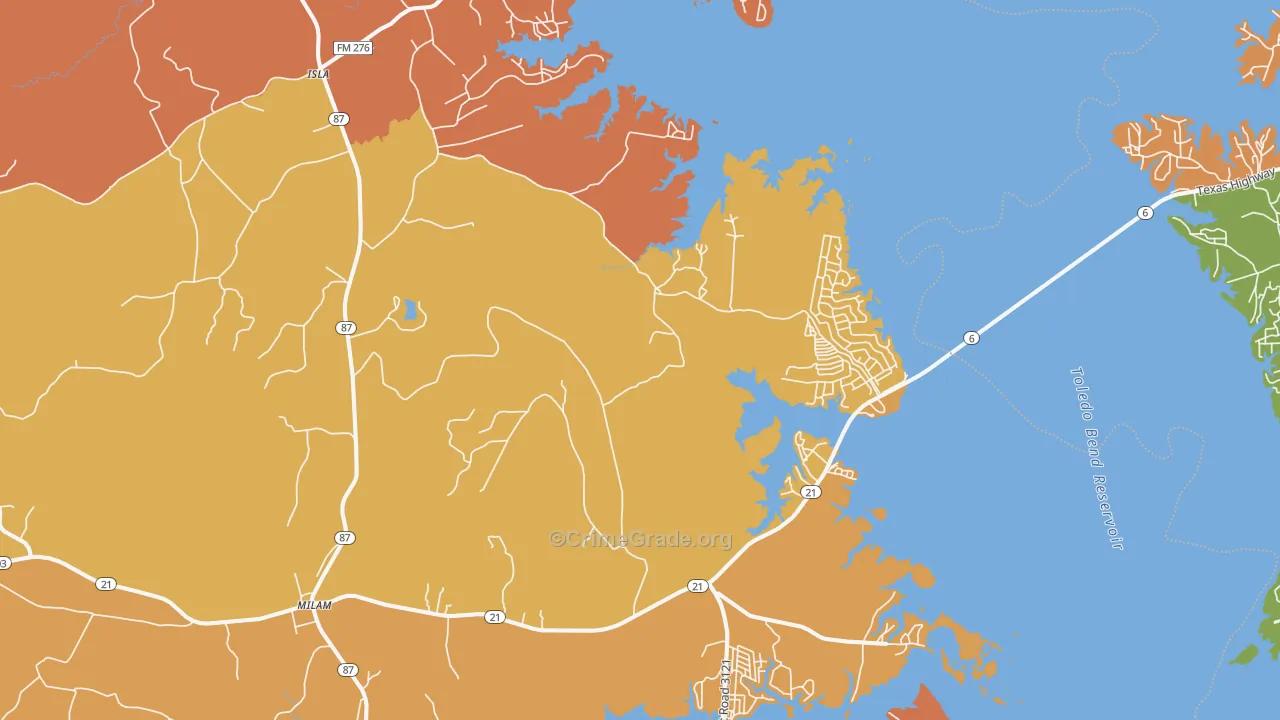 Milam, TX Map of Burglary Rates