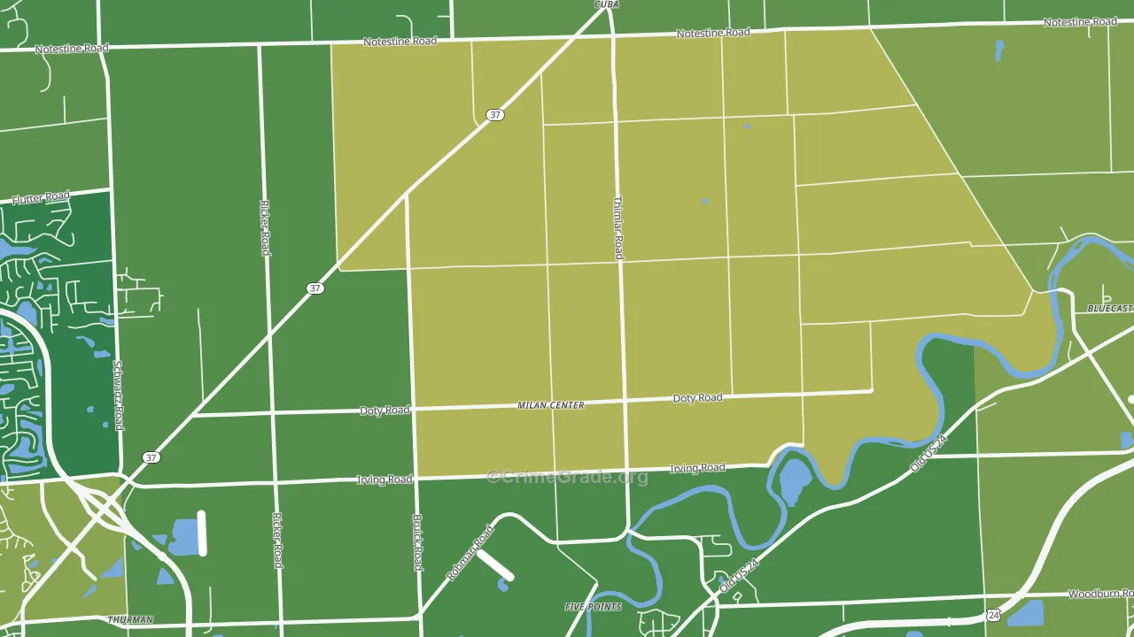 Milan Center, IN Map of Burglary Rates
