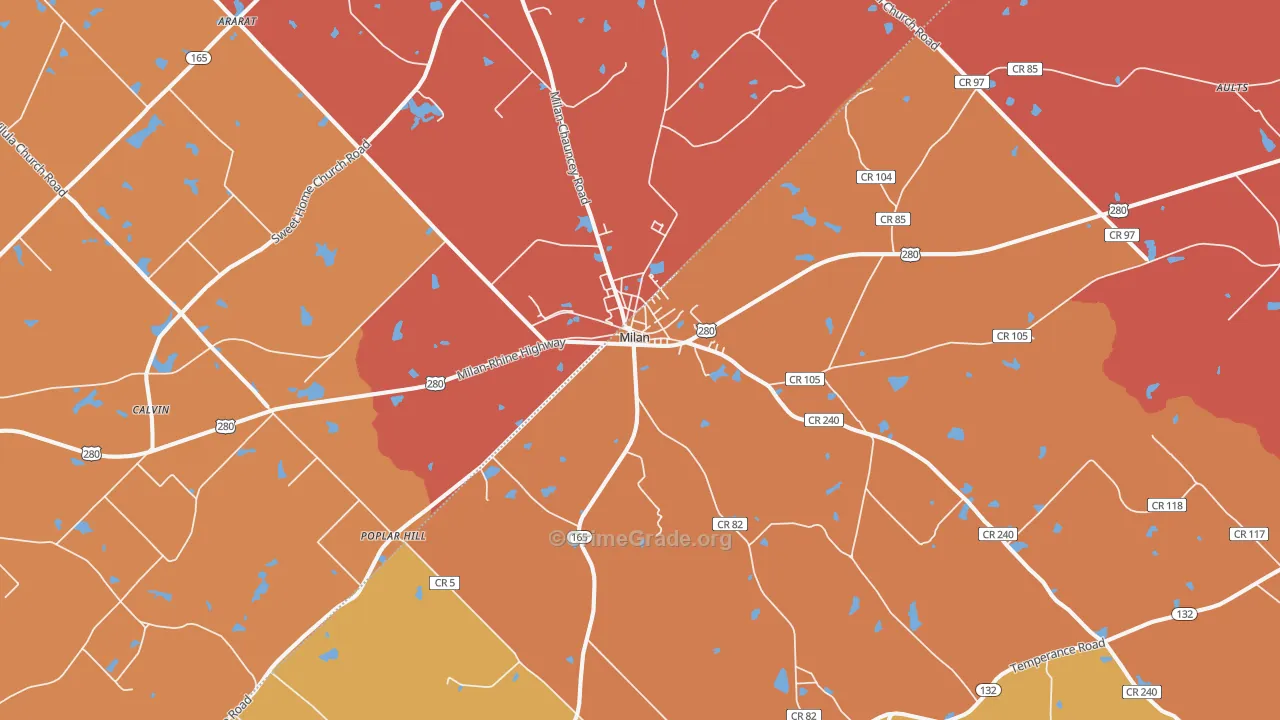 Milan, GA Map of Burglary Rates