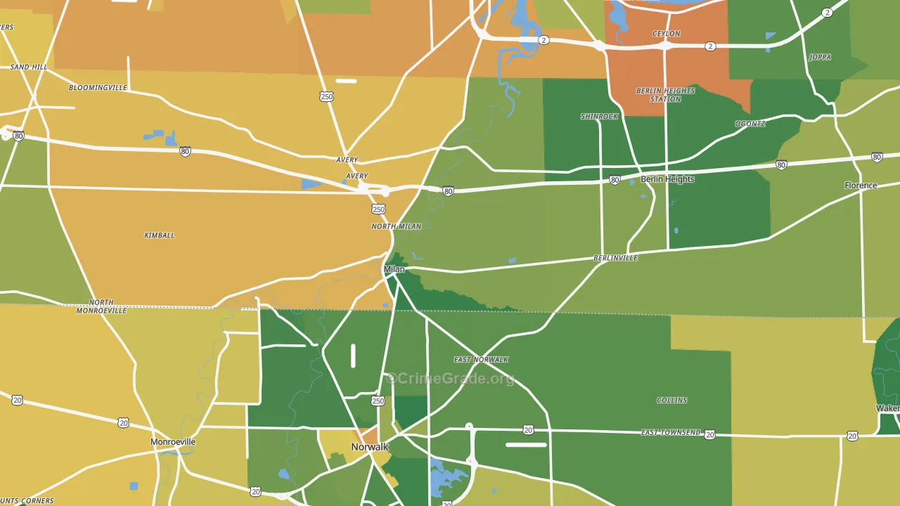 Milan, OH Map of Burglary Rates