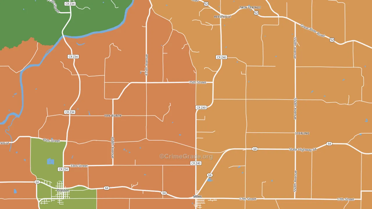 Miles, IA Map of Burglary Rates