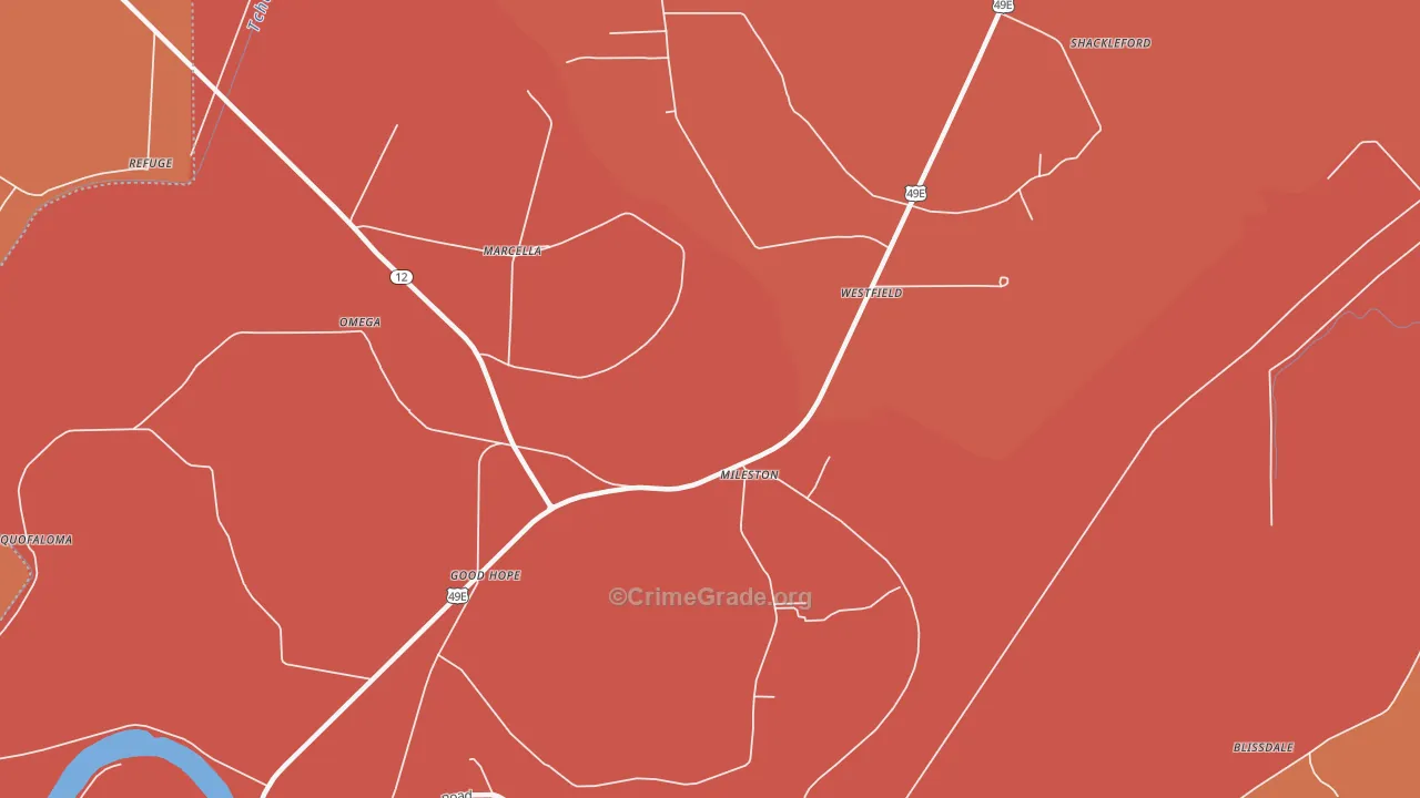 Mileston, MS Map of Burglary Rates