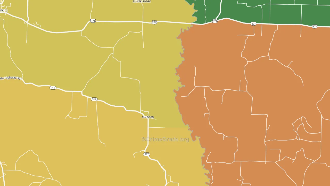 Milford, AR Map of Burglary Rates