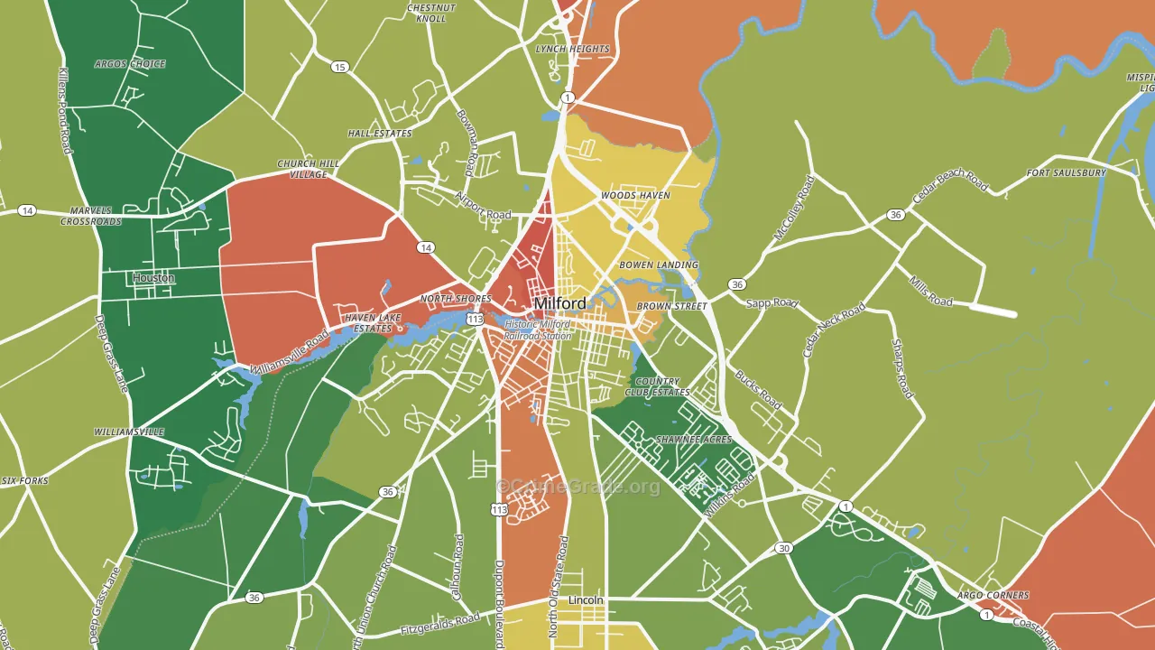 Milford, DE Map of Burglary Rates