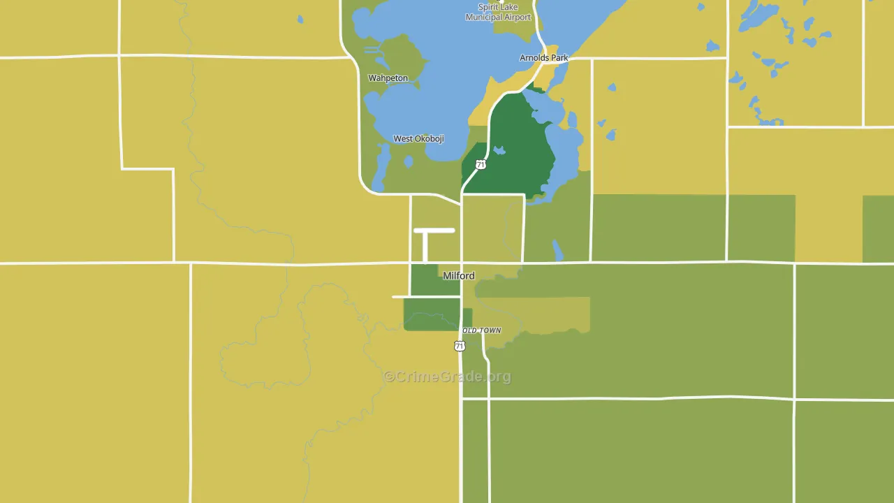 Milford, IA Map of Burglary Rates