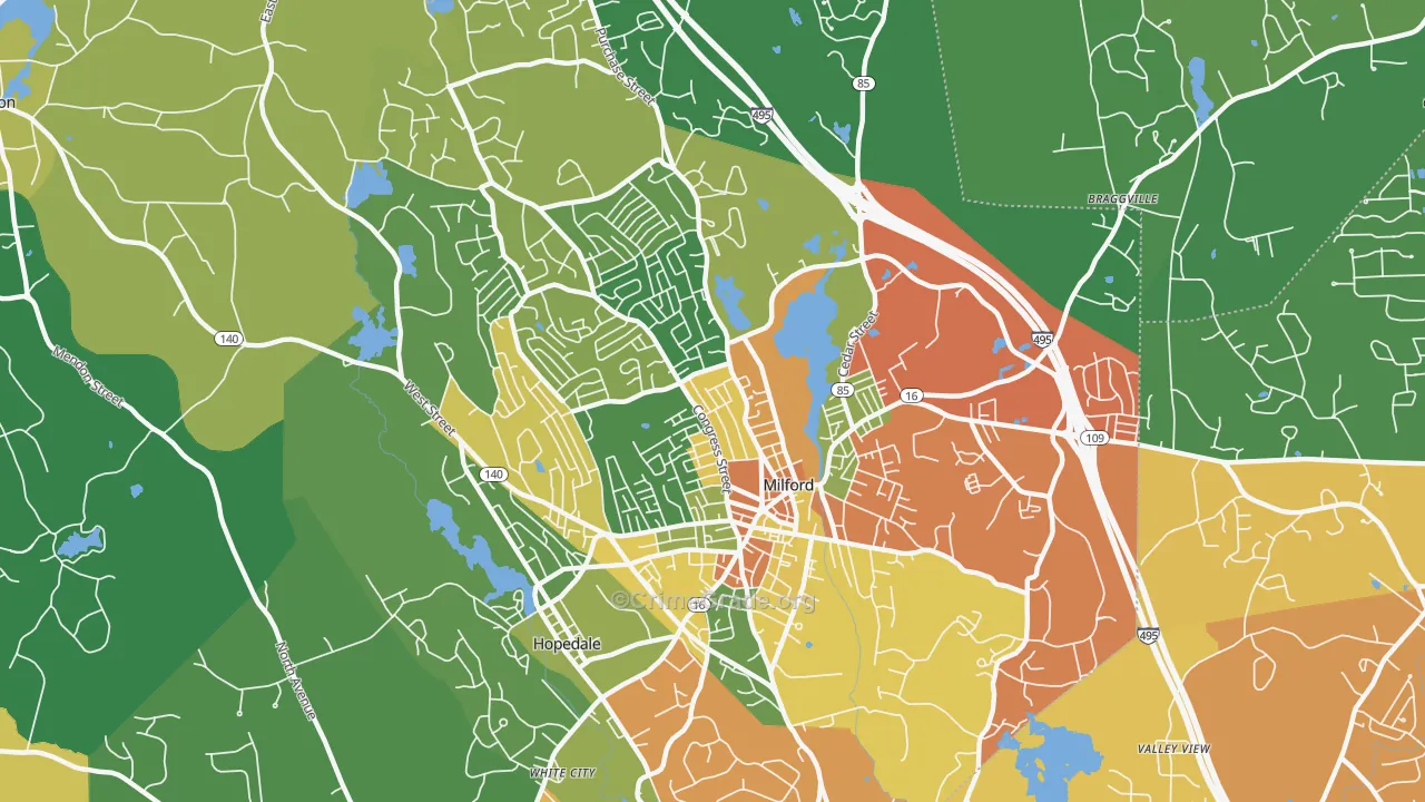 Milford, MA Map of Burglary Rates