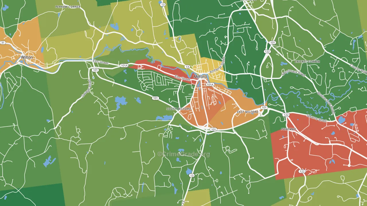 Milford, NH Map of Burglary Rates