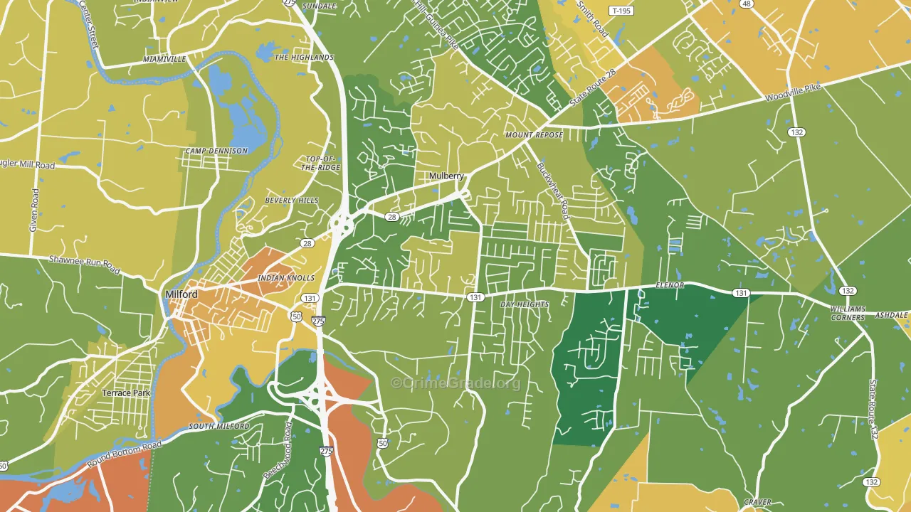 Milford, OH Map of Burglary Rates