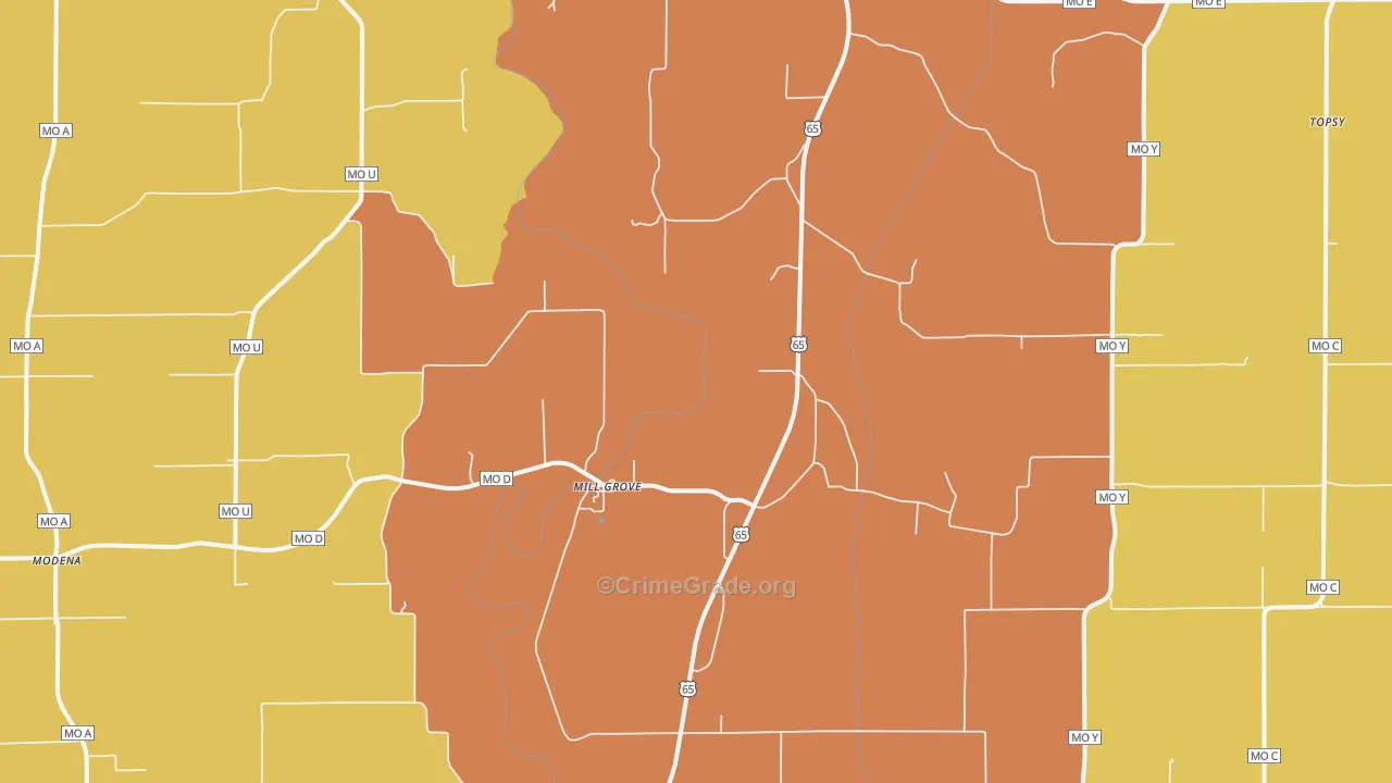 Mill Grove, MO Map of Burglary Rates