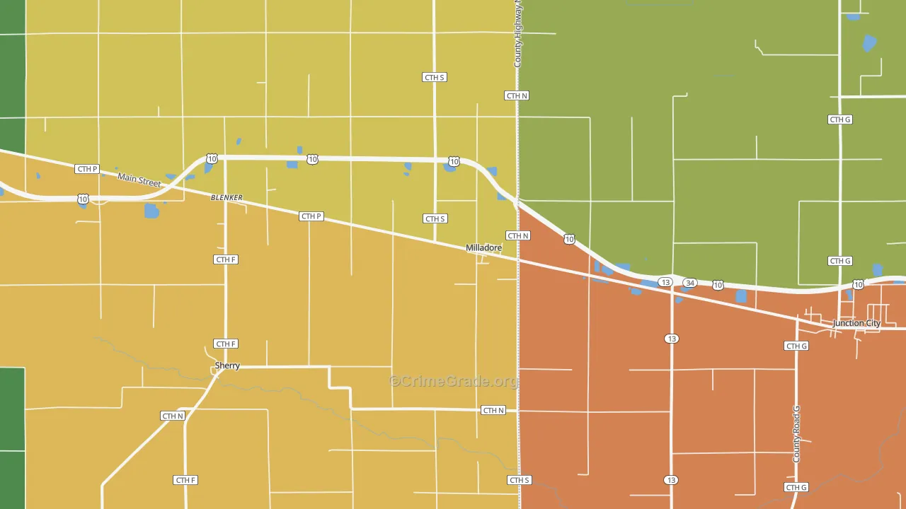 Milladore, WI Map of Burglary Rates
