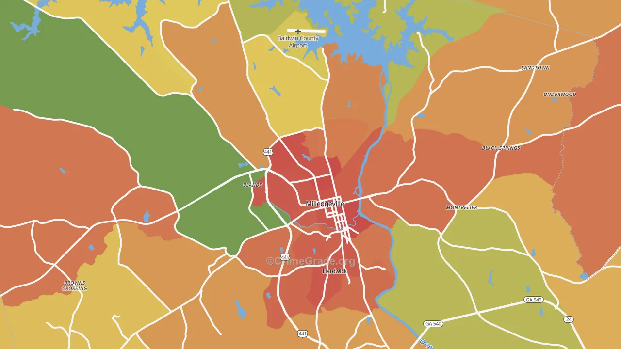 Milledgeville, GA Map of Burglary Rates