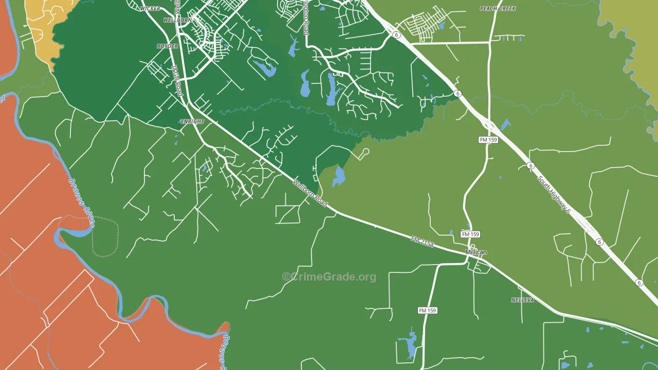 Millican, TX Map of Burglary Rates
