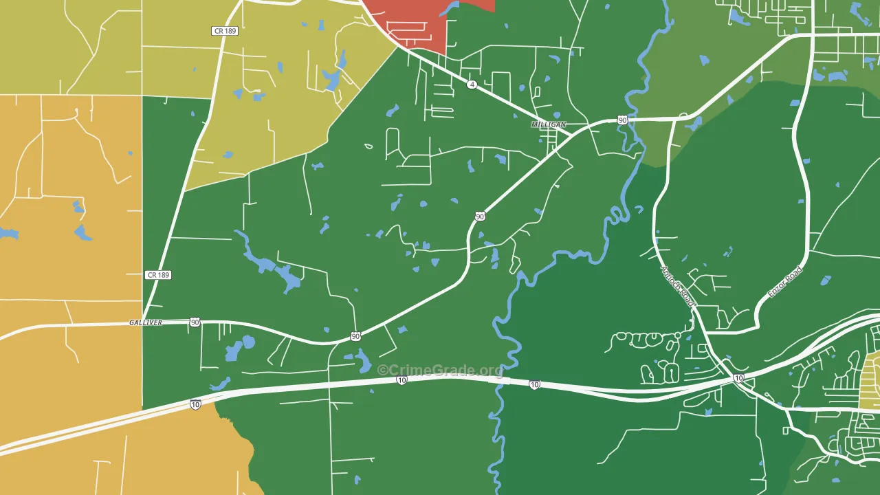 Milligan, FL Map of Burglary Rates