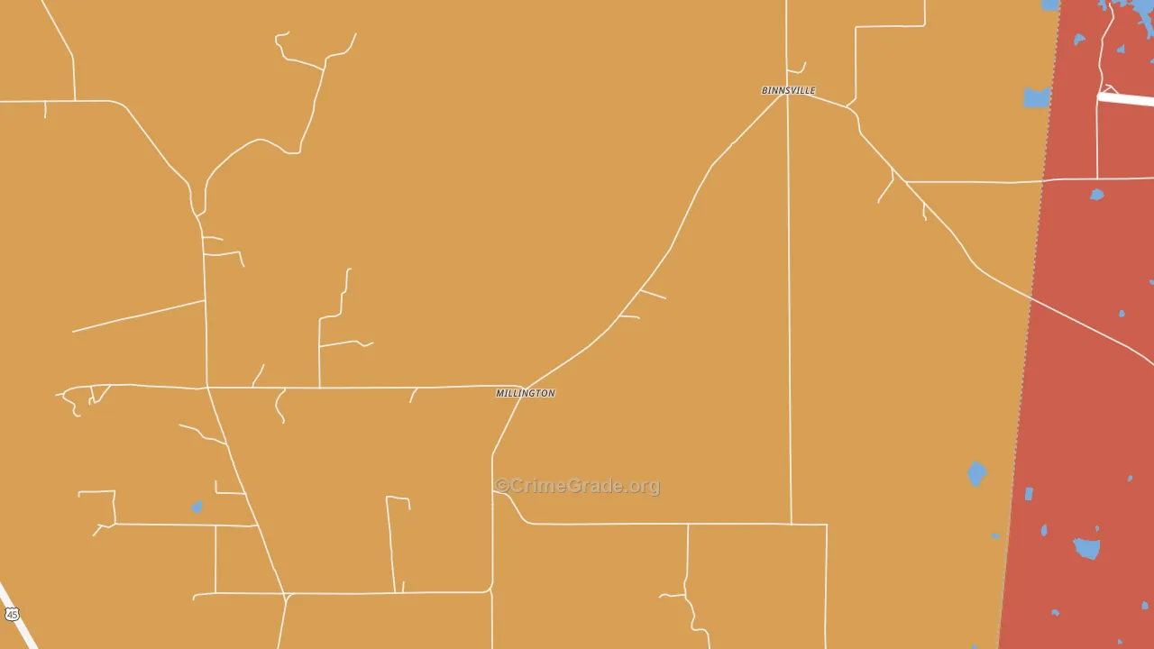 Millington, MS Map of Burglary Rates