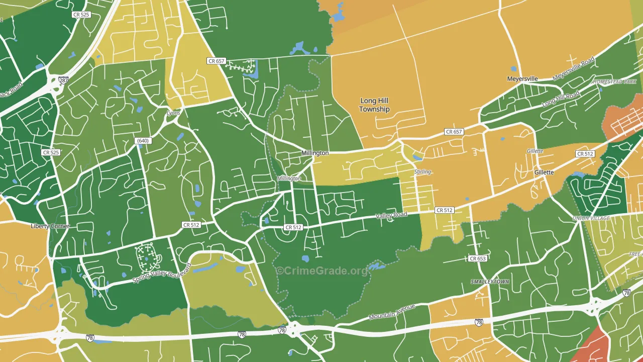 Millington, NJ Map of Burglary Rates