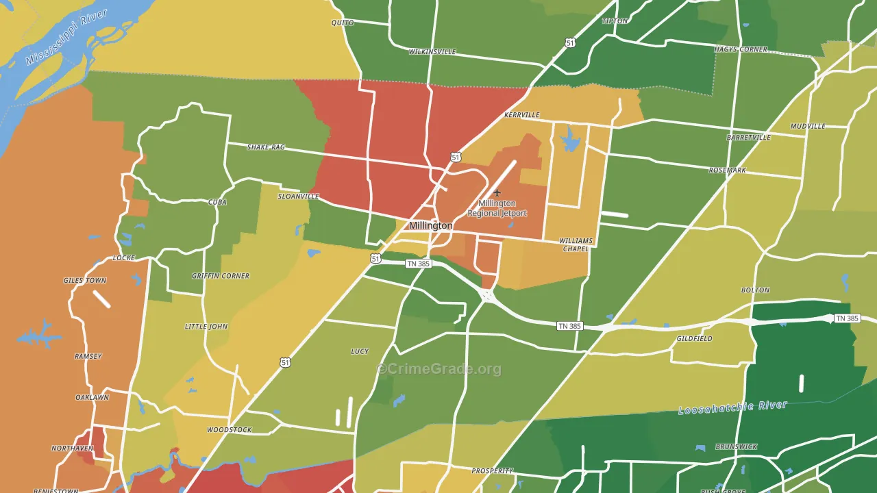 Millington, TN Map of Burglary Rates