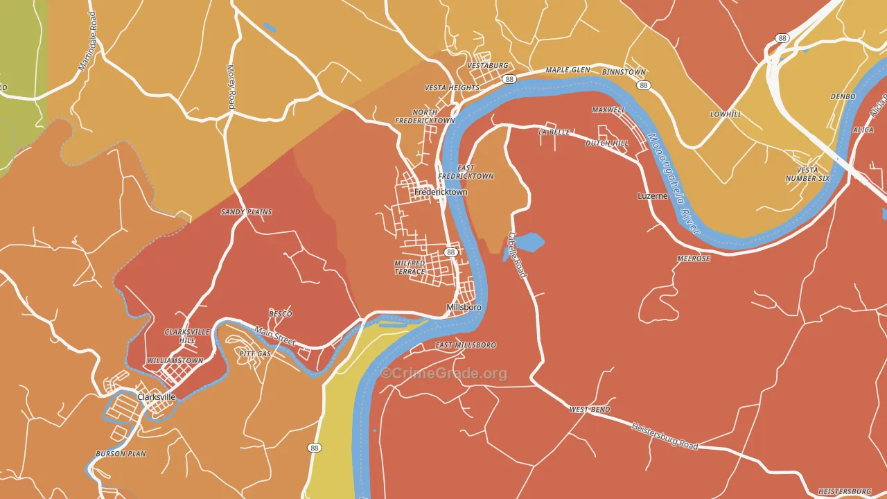 Millsboro, PA Map of Burglary Rates