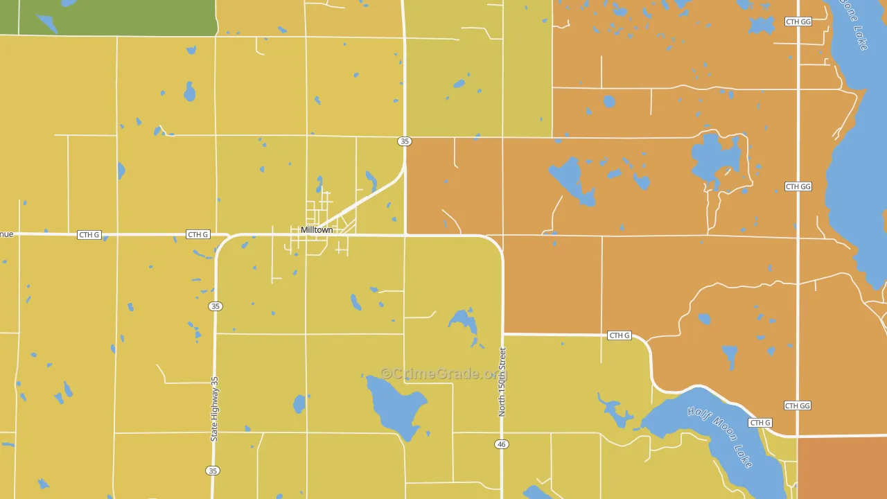 Milltown, WI Map of Burglary Rates
