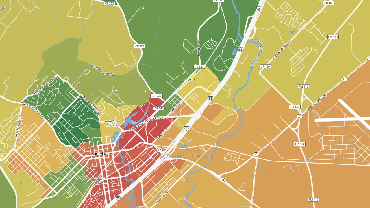 Millview East, San Marcos, TX Map of Burglary Rates