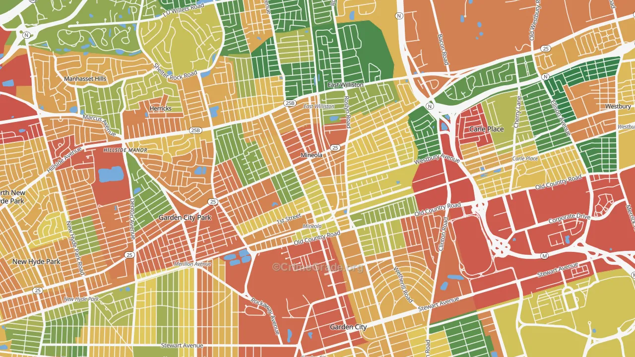 Mineola, NY Map of Burglary Rates