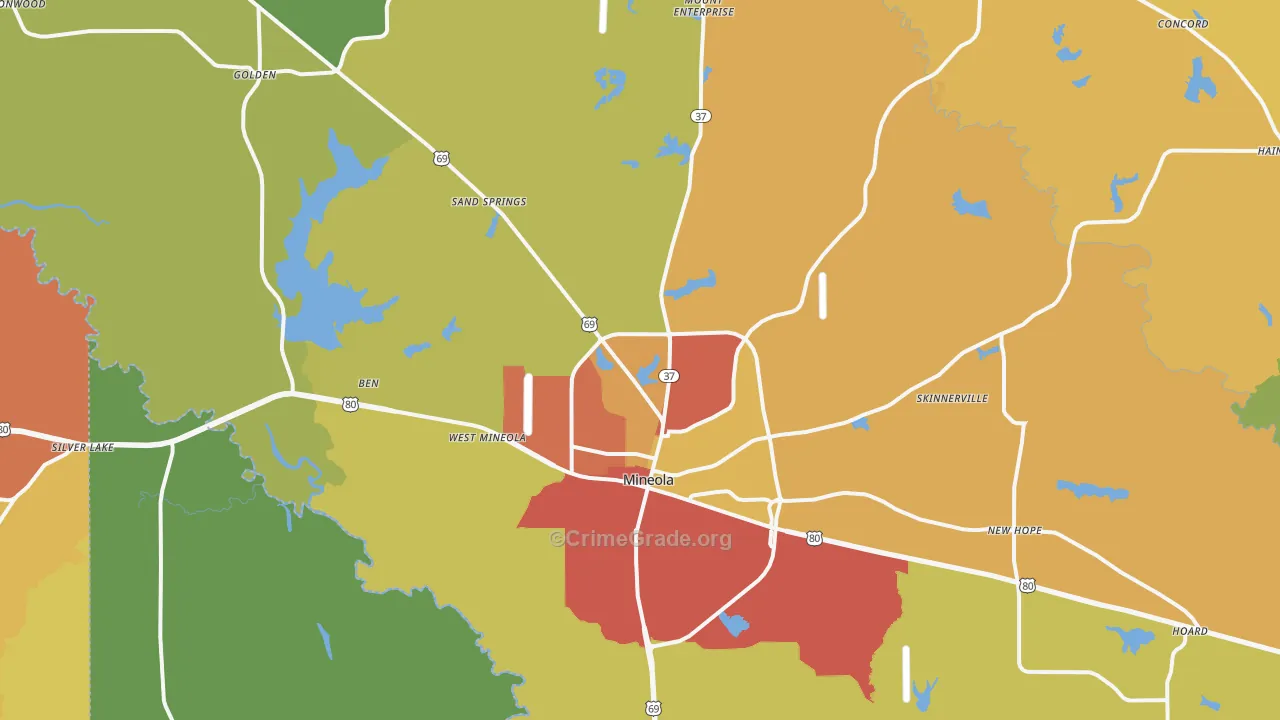 Mineola, TX Map of Burglary Rates