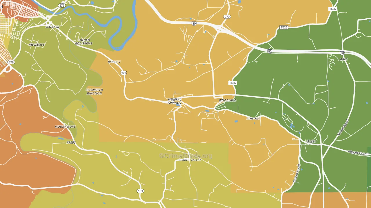 Mineral Springs, PA Map of Burglary Rates