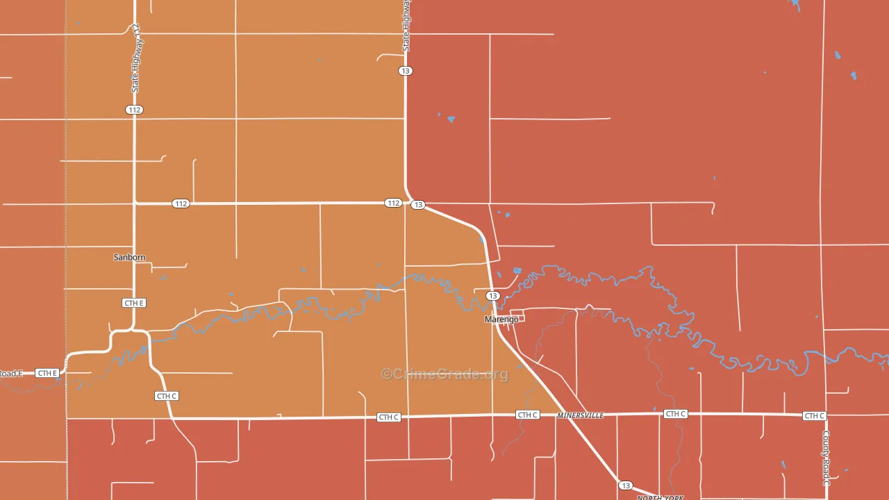 Minersville, WI Map of Burglary Rates