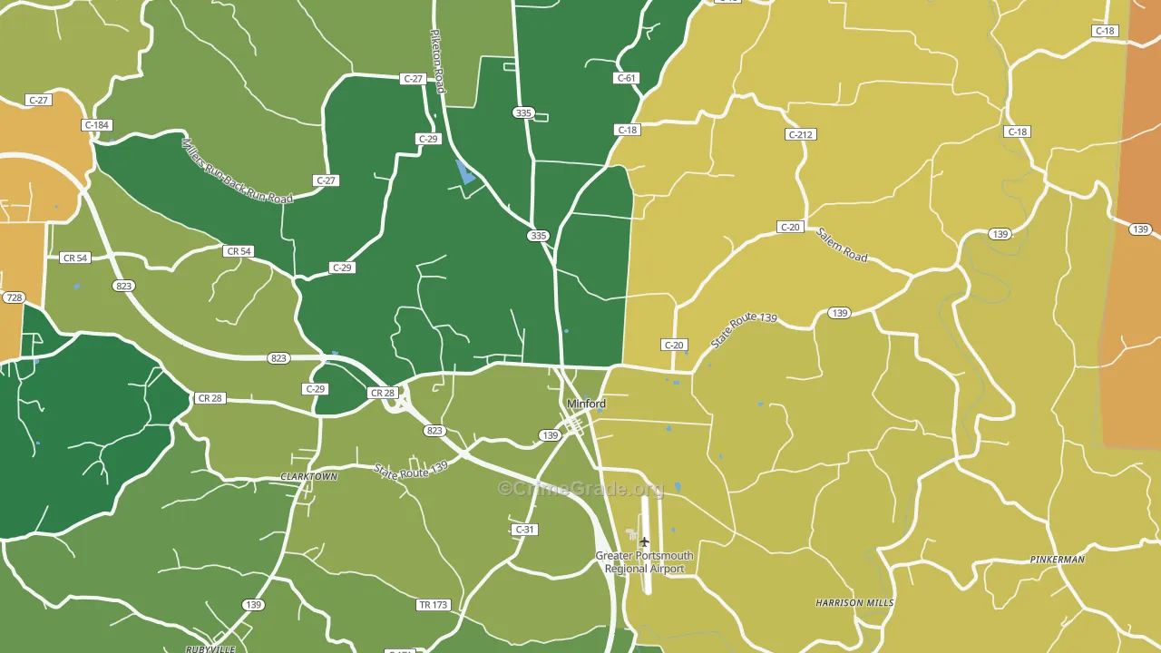 Minford, OH Map of Burglary Rates