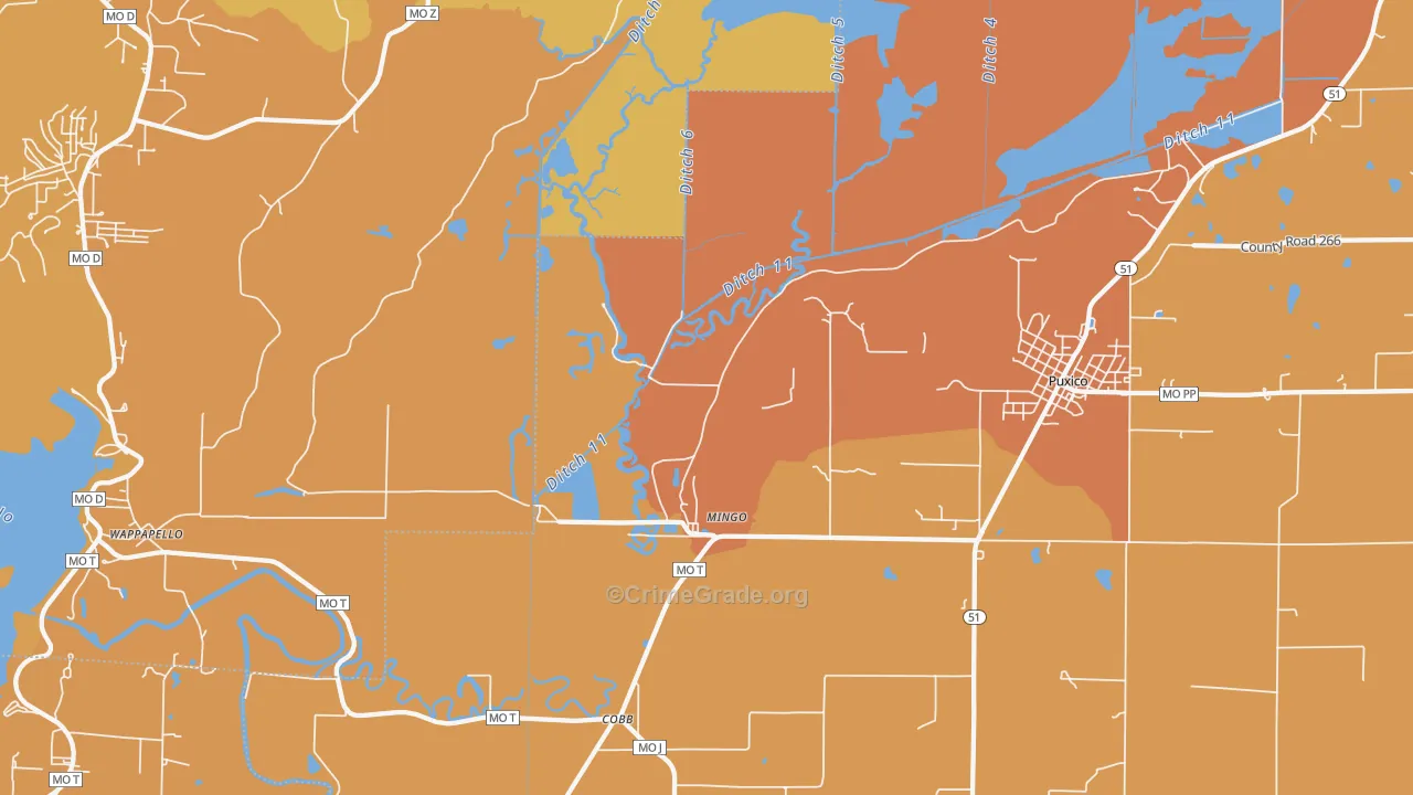 Mingo, MO Map of Burglary Rates