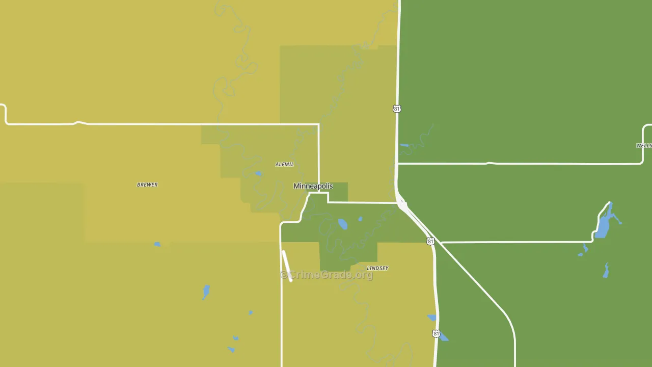 Minneapolis, KS Map of Burglary Rates